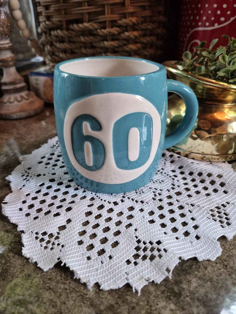 ❤️‍🔥Hallmark 60th Birthday Large Ceramic Coffee Mug Turquoise Teal Blue